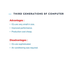 THIRD GENERATIONS 0F COMPUTER
Advantages :
• ICs are very small in size.
• Improved performance.
• Production cost cheap.
Disadvantages :
• ICs are sophisticated.
• Air conditioning was required.
 