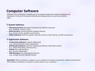 Computer Software
 System Software:
 Application Software:
• Productivity Software: Used for office tasks
(e.g., Microsoft Word, Excel, PowerPoint).
• Multimedia Software: Used for creating and editing multimedia content
(e.g., Adobe Photoshop, Premiere Pro).
• Games: For entertainment
(e.g., Fortnite, Minecraft).
• Web Browsers: For accessing the internet
(e.g., Google Chrome, Mozilla Firefox).
Key Point: Without software, hardware is just a collection of useless components. Software brings life to
the hardware and allows us to perform various tasks on our computers.
Software is the non-physical, intangible part of a computer system that consists of programs and
instructions. It's the set of instructions that tells the hardware what to do and how to perform
tasks.
• Operating Systems: Manages hardware and software resources
(e.g., Windows, macOS, Linux)
• Device Drivers: Controls specific hardware devices
(e.g., printer drivers, graphics card drivers)
• Utility Software: Performs specific tasks like antivirus, disk cleanup, and file compression
 