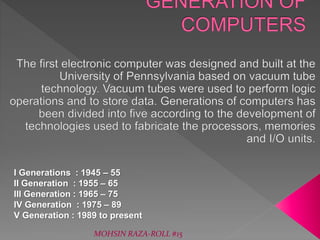 I Generations : 1945 – 55
II Generation : 1955 – 65
III Generation : 1965 – 75
IV Generation : 1975 – 89
V Generation : 1989 to present
MOHSIN RAZA-ROLL #15
 