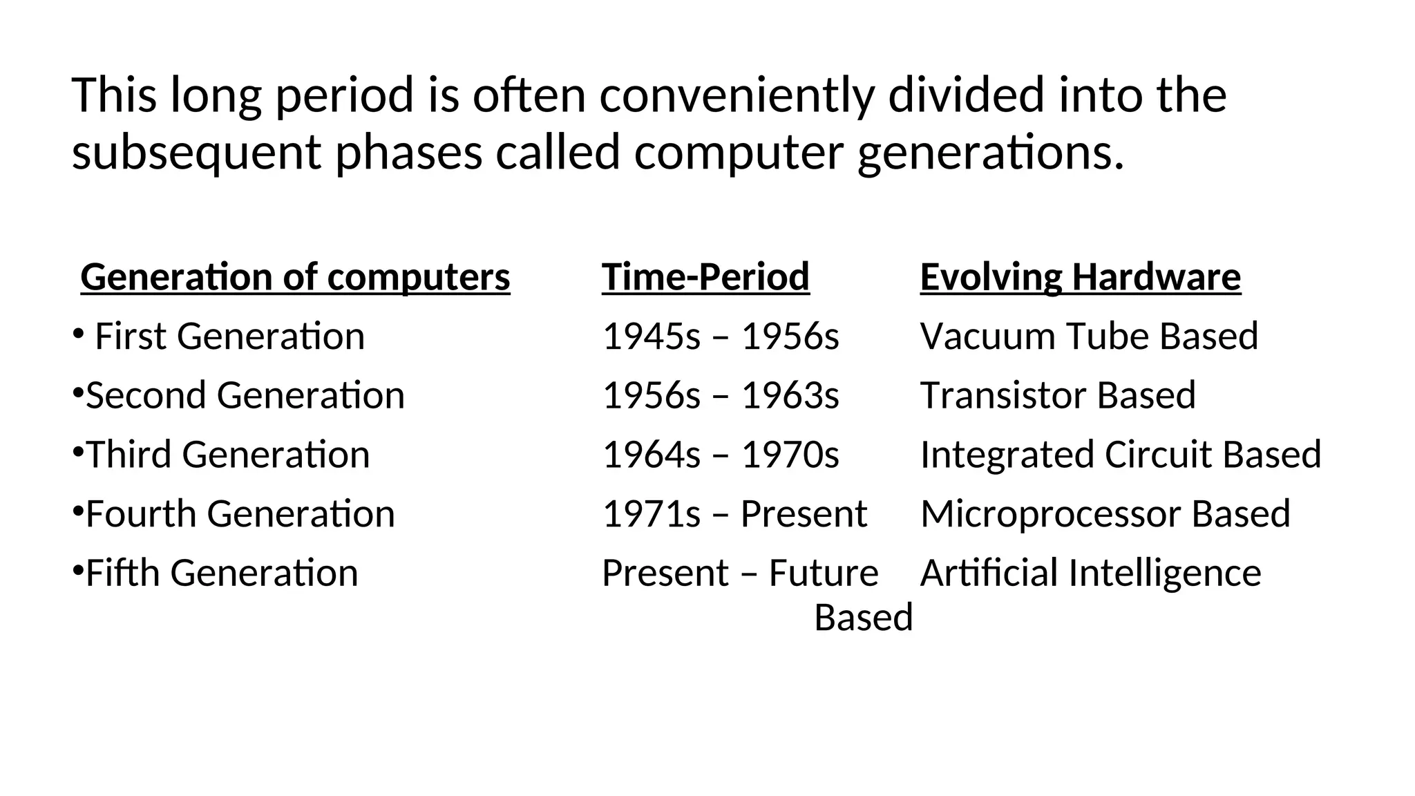 This long period is often conveniently divided into the
subsequent phases called computer generations.
Generation of computers Time-Period Evolving Hardware
• First Generation 1945s – 1956s Vacuum Tube Based
•Second Generation 1956s – 1963s Transistor Based
•Third Generation 1964s – 1970s Integrated Circuit Based
•Fourth Generation 1971s – Present Microprocessor Based
•Fifth Generation Present – Future Artificial Intelligence
Based
 