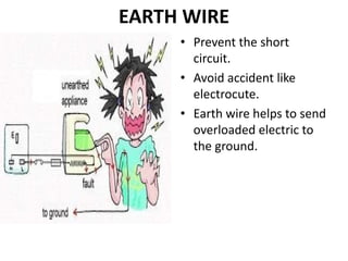 EARTH WIRE
• Prevent the short
circuit.
• Avoid accident like
electrocute.
• Earth wire helps to send
overloaded electric to
the ground.
 