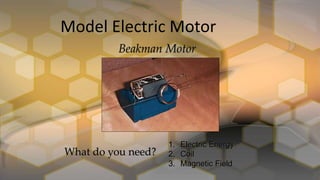 Model Electric Motor
Beakman Motor
What do you need?
1. Electric Energy
2. Coil
3. Magnetic Field
 