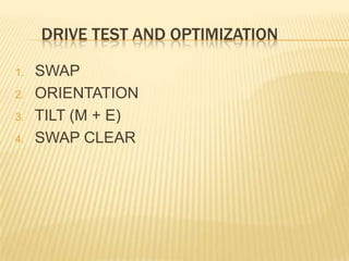 DRIVE TEST AND OPTIMIZATION
1. SWAP
2. ORIENTATION
3. TILT (M + E)
4. SWAP CLEAR
 
