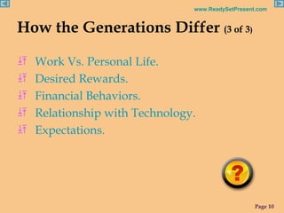 How the Generations Differ  (3 of 3 ) Work Vs. Personal Life. Desired Rewards. Financial Behaviors. Relationship with Technology. Expectations. 