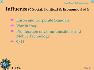 Influences:  Social, Political & Economic  ( 2 of 2 ) Enron and Corporate Scandals. War in Iraq. Proliferation of Communications and Mobile Technology. 9/11. ( 5 of 23 ) 
