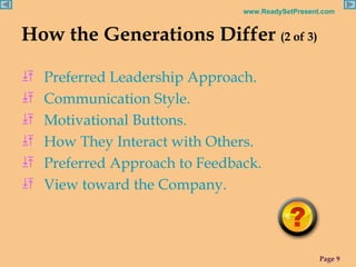 How the Generations Differ  (2 of 3) Preferred Leadership Approach. Communication Style. Motivational Buttons. How They Interact with Others. Preferred Approach to Feedback. View toward the Company. 
