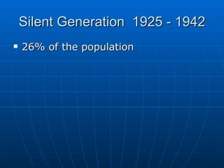 Silent Generation  1925 - 1942 26% of the population 