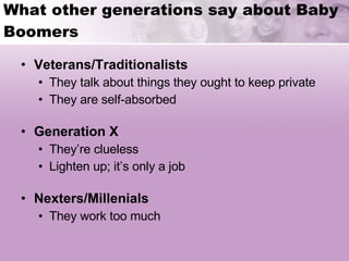 What other generations say about Baby Boomers Veterans/Traditionalists They talk about things they ought to keep private They are self-absorbed Generation X They’re clueless Lighten up; it’s only a job Nexters/Millenials They work too much 