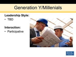 Generation Y/Millenials Leadership Style: TBD Interaction: Participative 