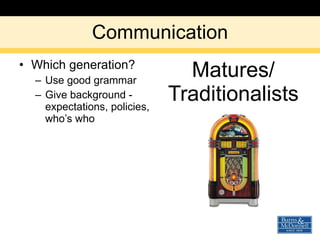 Communication Which generation? Use good grammar Give background - expectations, policies, who’s who Matures/ Traditionalists 