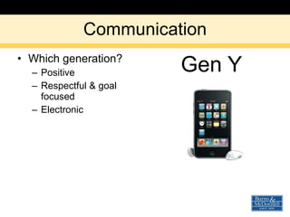 Communication Which generation? Positive Respectful & goal focused Electronic Gen Y 
