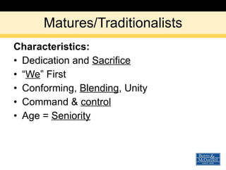 Matures/Traditionalists Characteristics: Dedication and  Sacrifice “ We ” First Conforming,  Blending , Unity Command &  control Age =  Seniority 