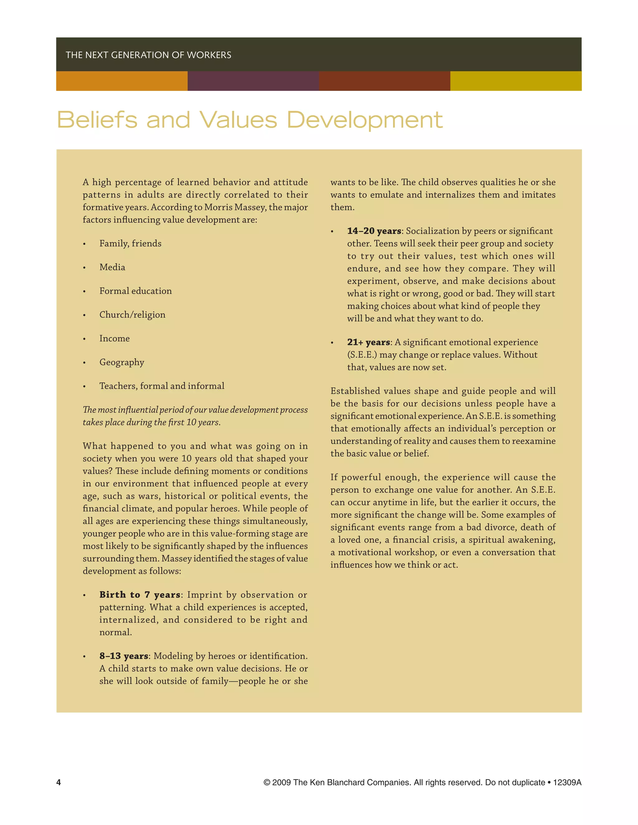   THE NEXT GENERATION OF WORKERS




Beliefs and Values Development

     A high percentage of learned behavior and attitude               wants to be like. The child observes qualities he or she
     patterns in adults are directly correlated to their              wants to emulate and internalizes them and imitates
     formative years. According to Morris Massey, the major           them.
     factors influencing value development are:
                                                                      •	   14–20 years: Socialization by peers or significant 	
     •	   Family, friends                                             	    other. Teens will seek their peer group and society 	
                                                                      	    to try out their values, test which ones will
     •	   Media                                                       	    endure, and see how they compare. They will
                                                                      	    experiment, observe, and make decisions about
     •	   Formal education                                            	    what is right or wrong, good or bad. They will start 	
                                                                      	    making choices about what kind of people they		
     •	   Church/religion                                             	    will be and what they want to do.

     •	   Income                                                      •	   21+ years: A significant emotional experience		
                                                                      	    (S.E.E.) may change or replace values. Without 		
     •	   Geography
                                                                      	    that, values are now set.
     •	   Teachers, formal and informal
                                                                      Established values shape and guide people and will
                                                                      be the basis for our decisions unless people have a
     The most influential period of our value development process
                                                                      significant emotional experience. An S.E.E. is something
     takes place during the first 10 years.
                                                                      that emotionally affects an individual’s perception or
                                                                      understanding of reality and causes them to reexamine
     What happened to you and what was going on in
                                                                      the basic value or belief.
     society when you were 10 years old that shaped your
     values? These include defining moments or conditions
                                                                      If powerful enough, the experience will cause the
     in our environment that influenced people at every
                                                                      person to exchange one value for another. An S.E.E.
     age, such as wars, historical or political events, the
                                                                      can occur anytime in life, but the earlier it occurs, the
     financial climate, and popular heroes. While people of
                                                                      more significant the change will be. Some examples of
     all ages are experiencing these things simultaneously,
                                                                      significant events range from a bad divorce, death of
     younger people who are in this value-forming stage are
                                                                      a loved one, a financial crisis, a spiritual awakening,
     most likely to be significantly shaped by the influences
                                                                      a motivational workshop, or even a conversation that
     surrounding them. Massey identified the stages of value
                                                                      influences how we think or act.
     development as follows:

     •	   Birth to 7 years: Imprint by observation or
     	    patterning. What a child experiences is accepted,
     	    internalized, and considered to be right and
     	    normal.

     •	   8–13 years: Modeling by heroes or identification.
     	    A child starts to make own value decisions. He or
     	    she will look outside of family—people he or she




	                                                   © 2009 The Ken Blanchard Companies. All rights reserved. Do not duplicate • 12309A
 