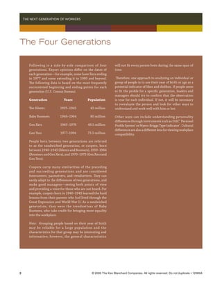   THE NEXT GENERATION OF WORKERS




The Four Generations

     Following is a side-by-side comparison of four               will not fit every person born during the same span of
     generations. Expert opinions differ on the dates of          time.
     each generation—for example, some have Xers ending
     in 1977 and some extending it to 1980 and beyond.             Therefore, one approach to analyzing an individual or
     The following data is based on the most frequently           group of people is to use their year of birth or age as a
     encountered beginning and ending points for each             potential indicator of likes and dislikes. If people seem
     generation (U.S. Census Bureau).                             to fit the profile for a specific generation, leaders and
                                                                  managers should try to confirm that the observation
     Generation	             Years	           Population          is true for each individual. If not, it will be necessary
                                                                  to reevaluate the person and look for other ways to
     The Silents 	         1925–1945	           45 million        understand and work well with him or her.

     Baby Boomers 	       1946–1964	            80 million        Other ways can include understanding personality
                                                                  differences through instruments such as DiSC® Personel
     Gen Xers 	            1965–1976	         49.1 million        Profile System® or Myers-Briggs Type Indicator®. Cultural
                                                                  differences are also a different lens for viewing workplace
     Gen Yers 	            1977–1994	         73.5 million        compatibility.

     People born between two generations are referred
     to as the sandwiched generation, or cuspers, born
     between 1940–1945 (Silents and Boomers), 1959–1964
     (Boomers and Gen Xers), and 1970–1975 (Gen Xers and
     Gen Yers).

     Cuspers carry many similarities of the preceding
     and succeeding generations and are considered
     forerunners, pacesetters, and trendsetters. They can
     easily adapt to the differences of two generations, and
     make good managers—seeing both points of view
     and providing a voice for those who are not heard. For
     example, cuspers born in 1940–1945 learned the hard
     lessons from their parents who had lived through the
     Great Depression and World War II. As a sandwiched
     generation, they were the trendsetters of Baby
     Boomers, who take credit for bringing more equality
     into the workplace.

     Note: Grouping people based on their year of birth
     may be reliable for a large population and the
     characteristics for that group may be interesting and
     informative; however, the general characteristics




	                                               © 2009 The Ken Blanchard Companies. All rights reserved. Do not duplicate • 12309A
 