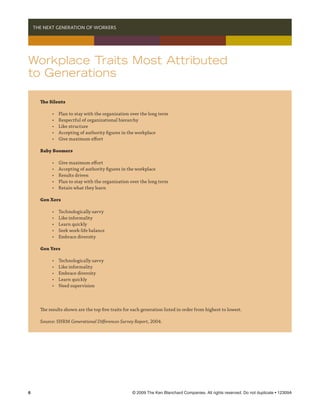   THE NEXT GENERATION OF WORKERS




Workplace Traits Most Attributed
to Generations

     The Silents

     	     •	   Plan to stay with the organization over the long term
     	     •	   Respectful of organizational hierarchy
     	     •	   Like structure
     	     •	   Accepting of authority figures in the workplace
     	     •	   Give maximum effort

     Baby Boomers

     	     •	   Give maximum effort
     	     •	   Accepting of authority figures in the workplace
     	     •	   Results driven
     	     •	   Plan to stay with the organization over the long term
     	     •	   Retain what they learn

     Gen Xers

     	     •	   Technologically savvy
     	     •	   Like informality
     	     •	   Learn quickly
     	     •	   Seek work-life balance
     	     •	   Embrace diversity

     Gen Yers

     	     •	   Technologically savvy
     	     •	   Like informality
     	     •	   Embrace diversity
     	     •	   Learn quickly
     	     •	   Need supervision



     The results shown are the top five traits for each generation listed in order from highest to lowest.

     Source: SHRM Generational Differences Survey Report, 2004.




	                                                 © 2009 The Ken Blanchard Companies. All rights reserved. Do not duplicate • 12309A
 