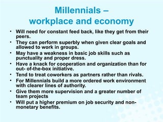 Millennials – workplace and economy Will need for constant feed back, like they get from their peers. They can perform superbly when given clear goals and allowed to work in groups. May have a weakness in basic job skills such as punctuality and proper dress. Have a knack for cooperation and organization than for out- of-the-box initiative. Tend to treat coworkers as partners rather than rivals. For Millennials build a more ordered work environment with clearer lines of authority. Give them more supervision and a greater number of team projects Will put a higher premium on job security and non-monetary benefits. 