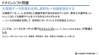 ドメインシフト問題
108
大規模データ資源を活用し適用先へ知識転移をする
大規模データ (ソース) を活用した機械学習が成功を収めているが，実用上の適用先 (ター
ゲット) に対しても教師ラベルをつけるのはコストがかかる
→ ソースの知識を活用して，効率的にターゲット上での性能を上げたい
ここでは，ソースとターゲット間でドメインシフト (i.e., データセット分布の不整合 ) が障壁と
なる
コンピュータビジョンにおいては，解像度，照明条件，視点，背景などの相違によって起こる．
 