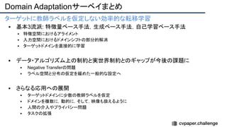 Domain Adaptationサーベイまとめ
ターゲットに教師ラベルを仮定しない効率的な転移学習
▪ 基本3流派: 特徴量ベース手法，生成ベース手法，自己学習ベース手法
▪ 特徴空間におけるアライメント
▪ 入力空間におけるドメインシフトの部分的解消
▪ ターゲットドメインを直接的に学習
▪ データ・アルゴリズム上の制約と実世界制約とのギャップが今後の課題に
▪ Negative Transferの問題
▪ ラベル空間と分布の仮定を緩めた一般的な設定へ
▪ さらなる応用への展開
▪ ターゲットドメインに少数の教師ラベルを仮定
▪ ドメインを複数に，動的に，そして，映像も扱えるように
▪ 人間の介入やプライバシー問題
▪ タスクの拡張
 