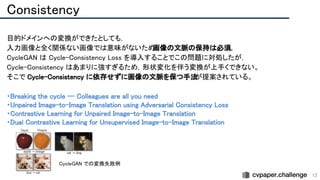Consistency 
12
目的ドメインへの変換ができたとしても，
 
入力画像と全く関係ない画像では意味がないため
画像の文脈の保持は必須。 
CycleGAN は Cycle-Consistency Loss を導入することでこの問題に対処したが，
 
Cycle-Consistency はあまりに強すぎるため，形状変化を伴う変換が上手くできない。
 
そこで Cycle-Consistency に依存せずに画像の文脈を保つ手法
が提案されている。 
 
・Breaking the cycle -- Colleagues are all you need
 
・Unpaired Image-to-Image Translation using Adversarial Consistency Loss
 
・Contrastive Learning for Unpaired Image-to-Image Translation
 
・Dual Contrastive Learning for Unsupervised Image-to-Image Translation
 
 
CycleGAN での変換失敗例 
 