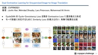 Dual Contrastive Learning for Unsupervised Image-to-Image Translation
 
21
会議 : CVPRW2021 
著者 : Junlin Han, Mehrdad Shoeiby, Lars Petersson, Mohammad Ali Armin
 
 
● CycleGAN の Cycle-Consistency Loss を除き Contrastive Loss に置き換えた形式
 
● モード崩壊に対応するために Similarity Loss の導入も行い，有無で結果を比較
 
 
 
 
 