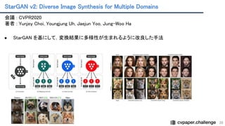 StarGAN v2: Diverse Image Synthesis for Multiple Domains 
28
会議 : CVPR2020 
著者 : Yunjey Choi, Youngjung Uh, Jaejun Yoo, Jung-Woo Ha
 
 
● StarGAN を基にして，変換結果に多様性が生まれるように改良した手法
 
 
 
 
