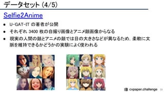 データセット (4/5) 
39
Selfie2Anime 
● U-GAT-IT の著者が公開 
● それぞれ 3400 枚の自撮り画像とアニメ顔画像からなる 
● 現実の人間の顔とアニメの顔では目の大きさなどが異なるため，柔軟に文
脈を維持できるかどうかの実験によく使われる 
 