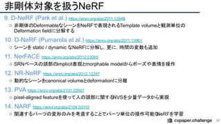 非剛体対象を扱うNeRF
9. D-NeRF (Park et al.) https://arxiv.org/abs/2011.12948
○ 非剛体のDeformableなシーンをNeRFで表現されるTemplate volumeと観測単位の
Deformation fieldに分解する
10. D-NeRF (Pumarola et al.) https://arxiv.org/abs/2011.13961
○ シーンを static / dynamic なNeRFに分解し，更に，時間の変数も追加
11. NerFACE https://arxiv.org/abs/2012.03065
○ SRNベースの頭部のimplicit表現とmorphable modelからポーズや表情を操作
12. NR-NeRF https://arxiv.org/abs/2012.12247
○ 動的なシーンをcanonical volumeとdeformationに分離
13. PVA https://arxiv.org/abs/2101.02697
○ pixel-aligned featureを使って人の頭部に関するNVSを少量データから実現
14. NARF https://arxiv.org/abs/2104.03110
○ 関連するパーツの変形のみを考慮することでパーツ単位の操作可能な
NeRFを学習
50 
 