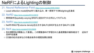 NeRFによるLightingの制御
21. Neural Reflectance Field https://arxiv.org/abs/2008.03824
○ Local reflection modelをNeRFに組み込み，単一照明下でのRelightingを達成
22. NeRD https://arxiv.org/abs/2012.03918
○ 照明条件をspatially-varying BRDFと混合ガウス分布としてモデル化
23. NeRV https://arxiv.org/abs/2012.03927
○ NeRFのMLPをvolume densityを出力するMLPとBRDFを出力するMLPに分解
24. NeX https://arxiv.org/abs/2103.05606
○ 色を視野角の関数として表現し，この関数を
NNで学習された基底関数の線形結合で　　近似す
るMPIを提案
○ CD面の虹の反射などの視点依存の視覚効果を実現
52 
 