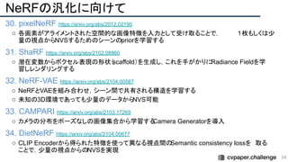 NeRFの汎化に向けて
30. pixelNeRF https://arxiv.org/abs/2012.02190
○ 各画素がアライメントされた空間的な画像特徴を入力として受け取ることで，　　　　１枚もしくは少
量の視点からNVSするためのシーンのpriorを学習する
31. ShaRF https://arxiv.org/abs/2102.08860
○ 潜在変数からボクセル表現の形状（
scaffold）を生成し，これを手がかりにRadiance Fieldを学
習しレンダリングする
32. NeRF-VAE https://arxiv.org/abs/2104.00587
○ NeRFとVAEを組み合わせ，シーン間で共有される構造を学習する
○ 未知の3D環境であっても少量のデータから
NVS可能
33. CAMPARI https://arxiv.org/abs/2103.17269
○ カメラの分布をポーズなしの画像集合から学習する
Camera Generatorを導入
34. DietNeRF https://arxiv.org/abs/2104.00677
○ CLIP Encoderから得られた特徴を使って異なる視点間の
Semantic consistency lossを　取る
ことで，少量の視点からのNVSを実現
54 
 