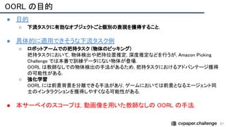 67
● 目的 
○ 下流タスクに有効なオブジェクトごと個別の表現を獲得すること.
 
 
● 具体的に適用できそうな下流タスク例 
○ ロボットアームでの把持タスク (物体のピッキング)
 
把持タスクにおいて, 物体検出や把持位置推定, 深度推定などを行うが, Amazon Picking
Challenge では本番で訓練データにない物体が登場.
 
OORL は教師なしでの物体検出の手法があるため, 把持タスクにおけるアドバンテージ獲得
の可能性がある. 
○ 強化学習 
OORL には前景背景を分離できる手法があり, ゲームにおいては前景となるエージェント同
士のインタラクションを獲得しやすくなる可能性がある.
 
 
● 本サーベイのスコープは, 動画像を用いた教師なしの OORL の手法. 
 
OORL の目的 
 
