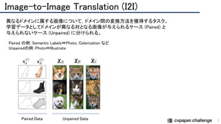 Image-to-Image Translation (I2I) 
7
異なるドメインに属する画像について，ドメイン間の変換方法を獲得するタスク。
 
学習データとしてドメインが異なる対となる画像が与えられるケース (Paired) と
 
与えられないケース (Unpaired) に分けられる。
 
Paired の例：Semantic Labels⇔Photo, Colorization など  
Unpairedの例：Photo⇔Illustrate  
Unpaired Data 
Paired Data 
 
