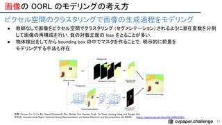 画像の OORL のモデリングの考え方 
72
ピクセル空間のクラスタリングで画像の生成過程をモデリング 
● 教師なしで画像をピクセル空間でクラスタリング (セグメンテーション) されるように潜在変数を分割
して画像の再構成を行い, 負の対数尤度の loss をとることが多い.
 
● 物体検出をしてから bounding box の中でマスクを作ることで，明示的に前景を
 
モデリングする手法も存在． 
出典: Zhixuan Lin, Yi-Fu Wu, Skand Vishwanath Peri, Weihao Sun, Gautam Singh, Fei Deng, Jindong Jiang, and Sungjin Ahn.  
SPACE: Unsupervised Object-Oriented Scene Representation via Spatial Attention and Decomposition. ICLR2020. https://openreview.net/forum?id=rkl03ySYDH  
 