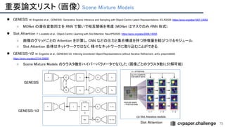 重要論文リスト (画像) Scene Mixture Models 
75
● GENESIS M. Engelcke et al., GENESIS: Generative Scene Inference and Sampling with Object-Centric Latent Representations. ICLR2020. https://arxiv.org/abs/1907.13052 
○ MONet の潜在変数同士を RNN で繋いで相互関係を考慮 (MONet はマスクのみ RNN 形式). 
● Slot Attention F. Locatello et al., Object-Centric Learning with Slot Attention. NeurIPS2020. https://arxiv.org/abs/2006.15055 
○ 画像のグリッドごとの Attention を計算し, CNN などの出力と集合構造を持つ特徴量を結びつけるモジュール. 
○ Slot Attention 自体はネットワークではなく, 様々なネットワークに取り込むことができる. 
● GENESIS-V2 M. Engelcke et al., GENESIS-V2: Inferring Unordered Object Representations without Iterative Refinement. arXiv preprint2020.
https://arxiv.org/abs/2104.09958 
○ Scene Mixture Models のクラスタ数をハイパーパラメータでなくした (画像ごとのクラスタ数に分解可能) 
 
GENESIS 
GENESIS-V2 
Slot Attention 
 
