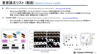 重要論文リスト (動画) Spatial mixture models 
86
● OP3 R. Veerapaneni et al. Entity Abstraction in Visual Model-Based Reinforcement Learning. CoRL2019. https://arxiv.org/abs/1910.12827  
○ Model-based 強化学習に, エンティティ中心かつ dynamic な潜在変数を持つモデルを利用.  
エンティティ表現と実際の物体に紐づける binding problem を推論問題として捉え, インタラクティブな推論アルゴリズムを
開発. IODINE を動画に拡張. 実動画を用いた検証も行う. 
● VIODINE (仮称) P. Zablotskaia et al. Unsupervised Video Decomposition using Spatio-temporal Iterative Inference. https://arxiv.org/abs/2006.14727  
○ 2D-LSTM を用いて, 時系列で条件づけられた推論・生成を spatio-temporal な iterative amotized inference の枠組みで
行う. 画像モデルの IODINE の構造の一般化とも考えらえる. 
OP3 
VIODINE (仮称)  
Representation Learning from Real World Videos
(OP3 vs IODINE)
 