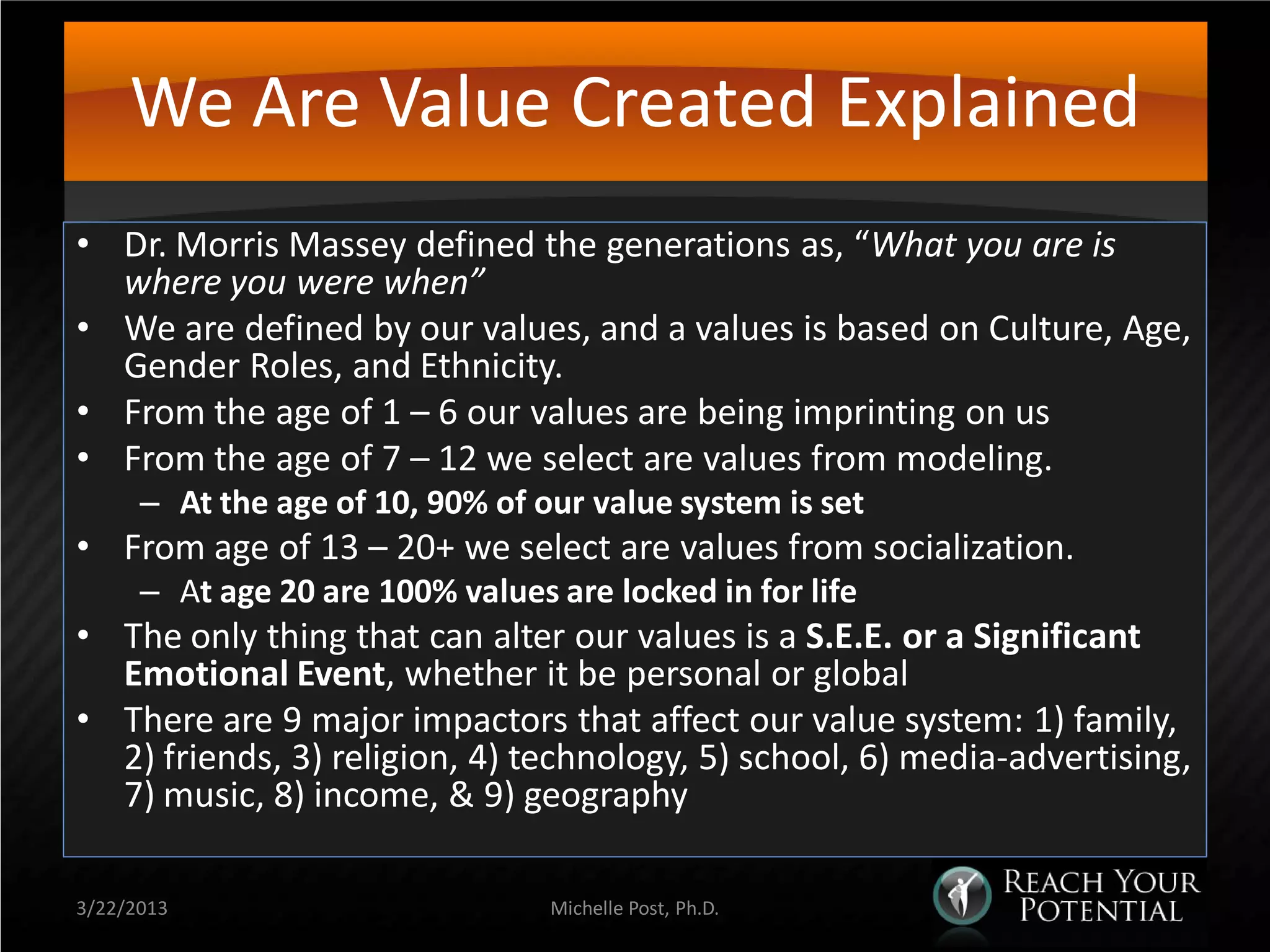 We Are Value Created Explained
• Dr. Morris Massey defined the generations as, “What you are is
  where you were when”
• We are defined by our values, and a values is based on Culture, Age,
  Gender Roles, and Ethnicity.
• From the age of 1 – 6 our values are being imprinting on us
• From the age of 7 – 12 we select are values from modeling.
      – At the age of 10, 90% of our value system is set
• From age of 13 – 20+ we select are values from socialization.
      – At age 20 are 100% values are locked in for life
• The only thing that can alter our values is a S.E.E. or a Significant
  Emotional Event, whether it be personal or global
• There are 9 major impactors that affect our value system: 1) family,
  2) friends, 3) religion, 4) technology, 5) school, 6) media-advertising,
  7) music, 8) income, & 9) geography

3/22/2013                         Michelle Post, Ph.D.
 