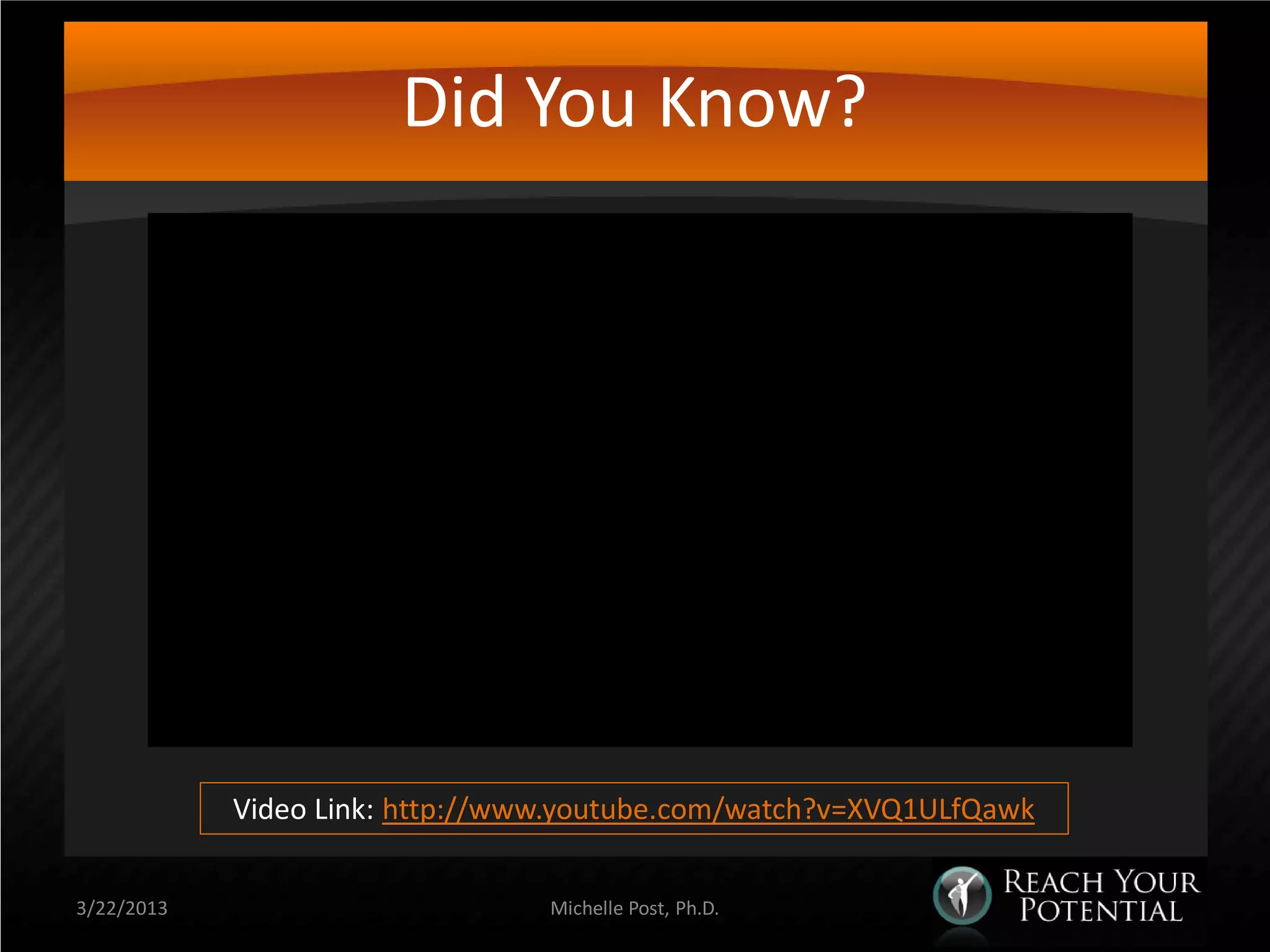 Did You Know?




            Video Link: http://www.youtube.com/watch?v=XVQ1ULfQawk


3/22/2013                        Michelle Post, Ph.D.
 