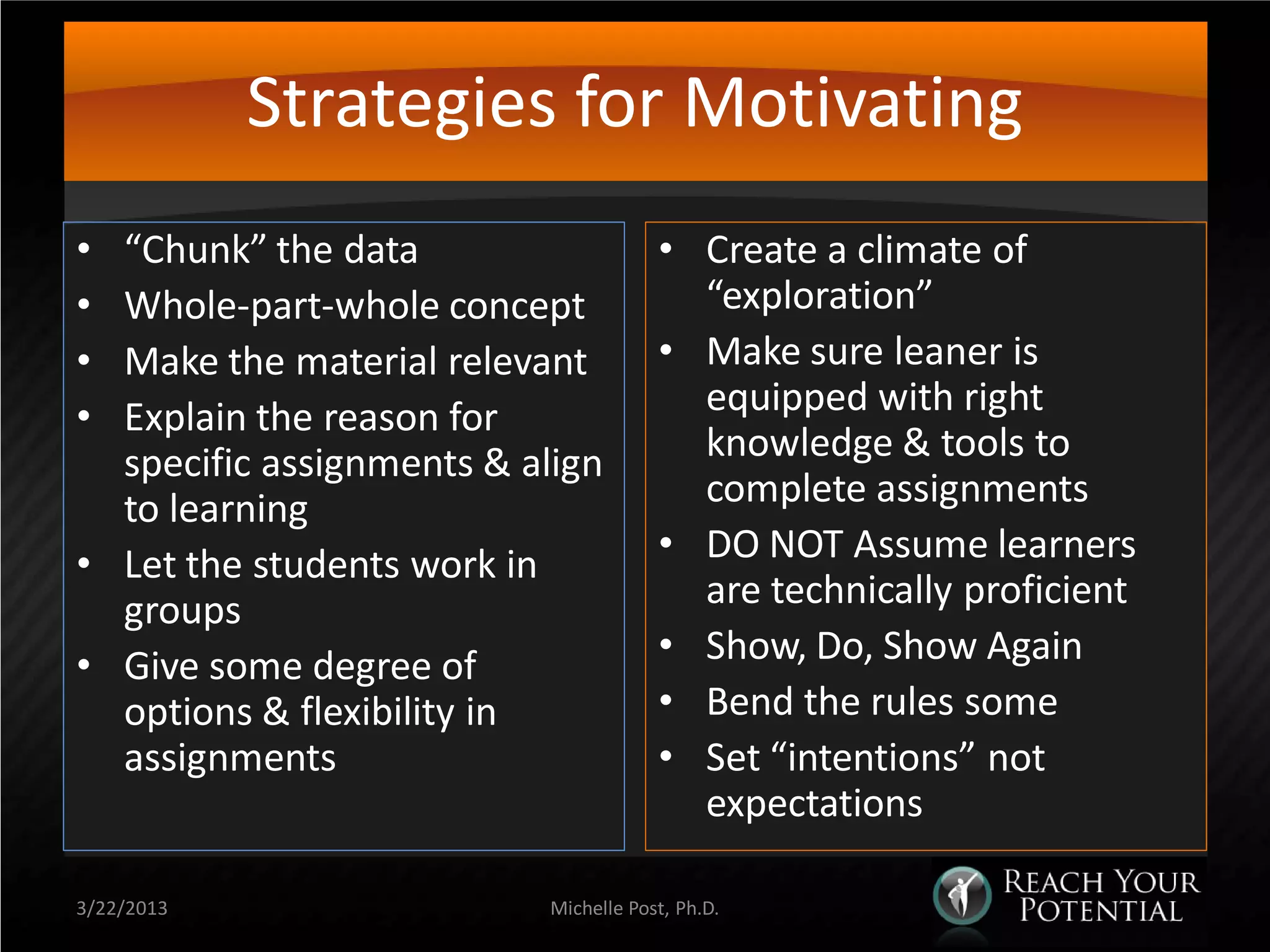 Strategies for Motivating
• “Chunk” the data                    • Create a climate of
• Whole-part-whole concept              “exploration”
• Make the material relevant          • Make sure leaner is
• Explain the reason for                equipped with right
  specific assignments & align          knowledge & tools to
  to learning                           complete assignments
• Let the students work in            • DO NOT Assume learners
  groups                                are technically proficient
• Give some degree of                 • Show, Do, Show Again
  options & flexibility in            • Bend the rules some
  assignments                         • Set “intentions” not
                                        expectations

3/22/2013                 Michelle Post, Ph.D.
 