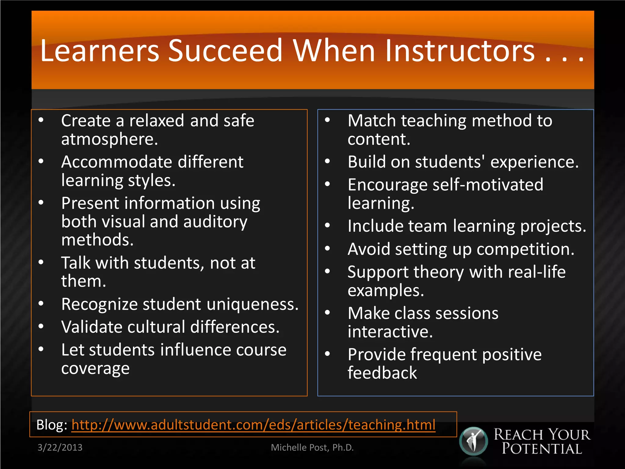 Learners Succeed When Instructors . . .
• Create a relaxed and safe                    • Match teaching method to
  atmosphere.                                    content.
• Accommodate different                        • Build on students' experience.
  learning styles.                             • Encourage self-motivated
• Present information using                      learning.
  both visual and auditory                     • Include team learning projects.
  methods.                                     • Avoid setting up competition.
• Talk with students, not at                   • Support theory with real-life
  them.                                          examples.
• Recognize student uniqueness.                • Make class sessions
• Validate cultural differences.                 interactive.
• Let students influence course                • Provide frequent positive
  coverage                                       feedback

Blog: http://www.adultstudent.com/eds/articles/teaching.html
3/22/2013                          Michelle Post, Ph.D.
 