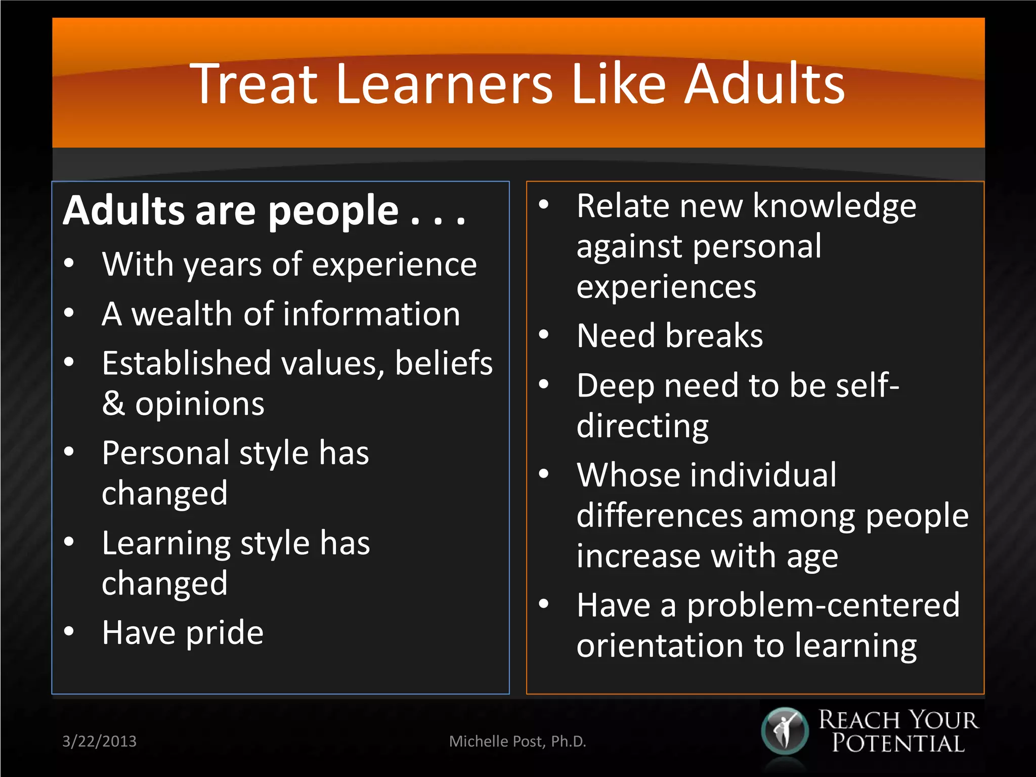 Treat Learners Like Adults
Adults are people . . .              • Relate new knowledge
• With years of experience             against personal
                                       experiences
• A wealth of information
                                     • Need breaks
• Established values, beliefs
  & opinions                         • Deep need to be self-
                                       directing
• Personal style has
  changed                            • Whose individual
                                       differences among people
• Learning style has                   increase with age
  changed
                                     • Have a problem-centered
• Have pride                           orientation to learning

3/22/2013                Michelle Post, Ph.D.
 