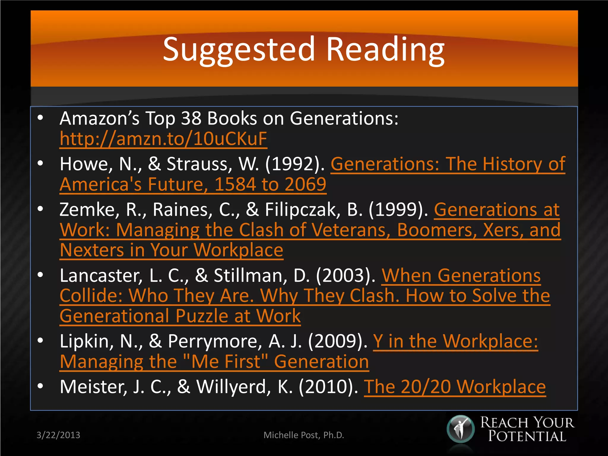 Suggested Reading
• Amazon’s Top 38 Books on Generations:
  http://amzn.to/10uCKuF
• Howe, N., & Strauss, W. (1992). Generations: The History of
  America's Future, 1584 to 2069
• Zemke, R., Raines, C., & Filipczak, B. (1999). Generations at
  Work: Managing the Clash of Veterans, Boomers, Xers, and
  Nexters in Your Workplace
• Lancaster, L. C., & Stillman, D. (2003). When Generations
  Collide: Who They Are. Why They Clash. How to Solve the
  Generational Puzzle at Work
• Lipkin, N., & Perrymore, A. J. (2009). Y in the Workplace:
  Managing the "Me First" Generation
• Meister, J. C., & Willyerd, K. (2010). The 20/20 Workplace

3/22/2013                  Michelle Post, Ph.D.
 