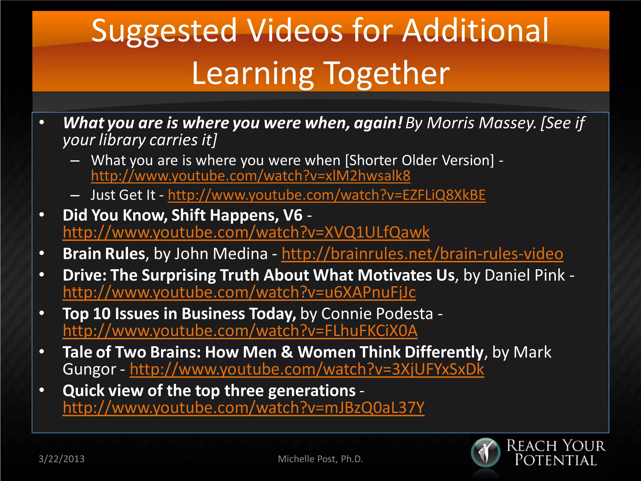 Suggested Videos for Additional
                  Learning Together
• What you are is where you were when, again! By Morris Massey. [See if
  your library carries it]
      – What you are is where you were when [Shorter Older Version] -
        http://www.youtube.com/watch?v=xlM2hwsalk8
      – Just Get It - http://www.youtube.com/watch?v=EZFLiQ8XkBE
• Did You Know, Shift Happens, V6 -
  http://www.youtube.com/watch?v=XVQ1ULfQawk
• Brain Rules, by John Medina - http://brainrules.net/brain-rules-video
• Drive: The Surprising Truth About What Motivates Us, by Daniel Pink -
  http://www.youtube.com/watch?v=u6XAPnuFjJc
• Top 10 Issues in Business Today, by Connie Podesta -
  http://www.youtube.com/watch?v=FLhuFKCiX0A
• Tale of Two Brains: How Men & Women Think Differently, by Mark
  Gungor - http://www.youtube.com/watch?v=3XjUFYxSxDk
• Quick view of the top three generations -
  http://www.youtube.com/watch?v=mJBzQ0aL37Y

3/22/2013                           Michelle Post, Ph.D.
 