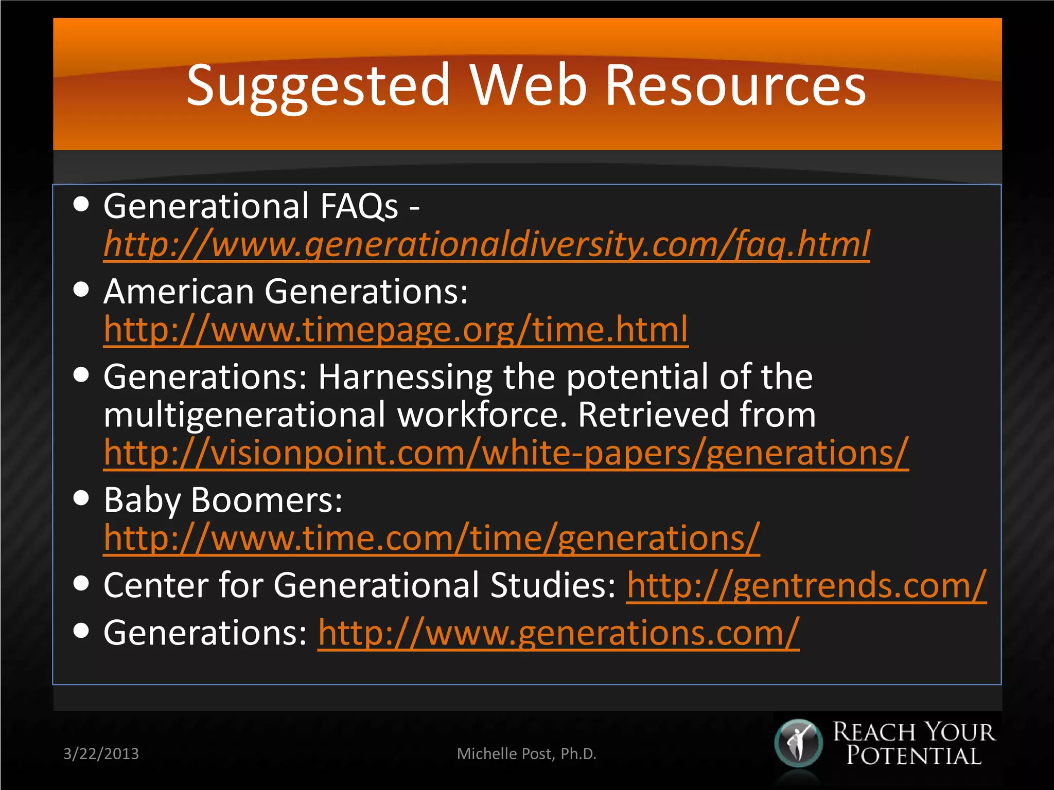 Suggested Web Resources
 Generational FAQs -
  http://www.generationaldiversity.com/faq.html
 American Generations:
  http://www.timepage.org/time.html
 Generations: Harnessing the potential of the
  multigenerational workforce. Retrieved from
  http://visionpoint.com/white-papers/generations/
 Baby Boomers:
  http://www.time.com/time/generations/
 Center for Generational Studies: http://gentrends.com/
 Generations: http://www.generations.com/

3/22/2013              Michelle Post, Ph.D.
 
