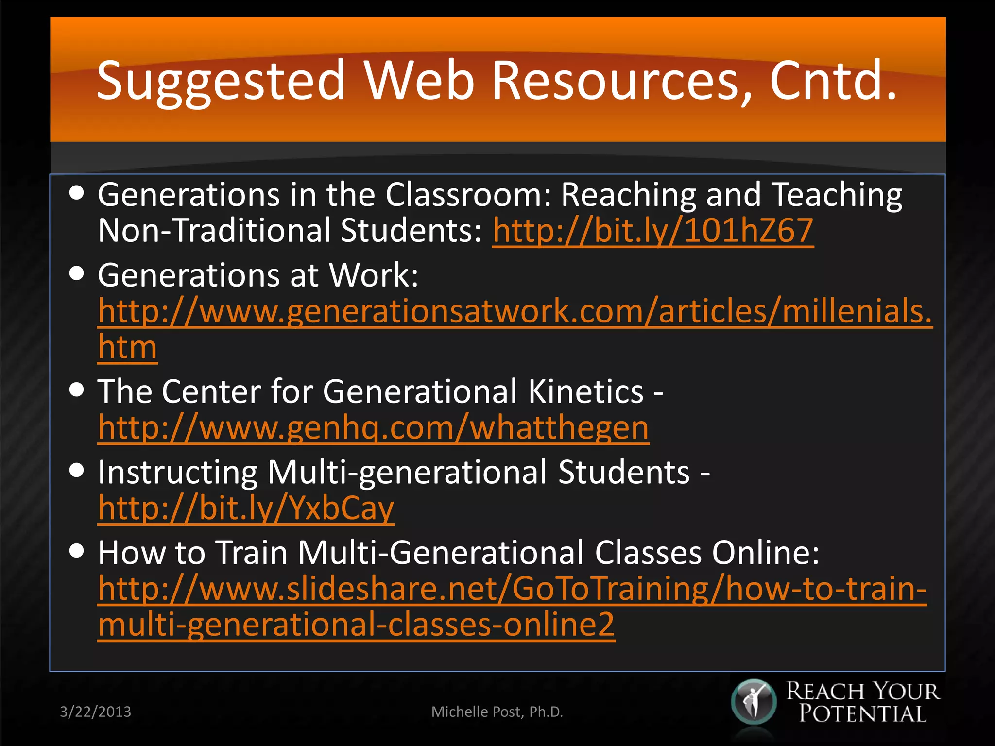 Suggested Web Resources, Cntd.
 Generations in the Classroom: Reaching and Teaching
  Non-Traditional Students: http://bit.ly/101hZ67
 Generations at Work:
  http://www.generationsatwork.com/articles/millenials.
  htm
 The Center for Generational Kinetics -
  http://www.genhq.com/whatthegen
 Instructing Multi-generational Students -
  http://bit.ly/YxbCay
 How to Train Multi-Generational Classes Online:
  http://www.slideshare.net/GoToTraining/how-to-train-
  multi-generational-classes-online2

3/22/2013              Michelle Post, Ph.D.
 
