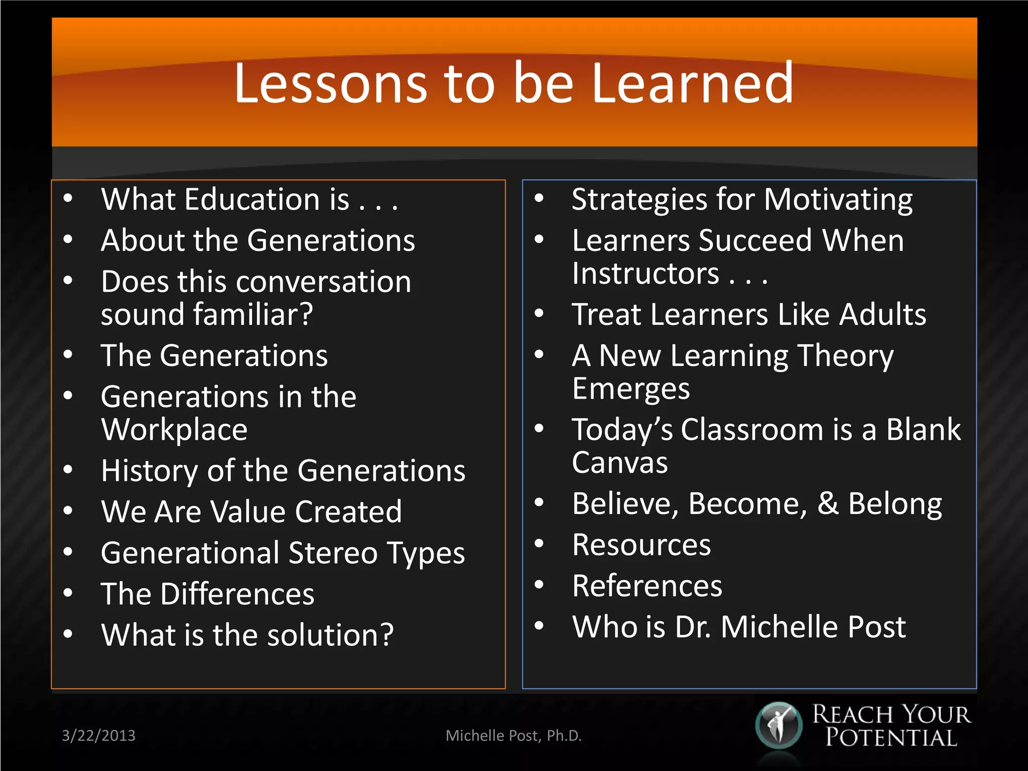 Lessons to be Learned
• What Education is . . .             • Strategies for Motivating
• About the Generations               • Learners Succeed When
• Does this conversation                Instructors . . .
  sound familiar?                     • Treat Learners Like Adults
• The Generations                     • A New Learning Theory
• Generations in the                    Emerges
  Workplace                           • Today’s Classroom is a Blank
• History of the Generations            Canvas
• We Are Value Created                • Believe, Become, & Belong
• Generational Stereo Types           • Resources
• The Differences                     • References
• What is the solution?               • Who is Dr. Michelle Post


3/22/2013                 Michelle Post, Ph.D.
 