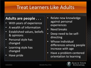 Treat Learners Like Adults
Adults are people . . .              • Relate new knowledge
• With years of experience             against personal
                                       experiences
• A wealth of information
                                     • Need breaks
• Established values, beliefs
  & opinions                         • Deep need to be self-
                                       directing
• Personal style has
  changed                            • Whose individual
                                       differences among people
• Learning style has                   increase with age
  changed
                                     • Have a problem-centered
• Have pride                           orientation to learning

3/22/2013                Michelle Post, Ph.D.
 