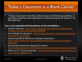 Today’s Classroom is a Blank Canvas
• “Today’s classroom is literally a blank canvas of unlimited possibilities, it
  just takes creativity and imagination to make learning fun & relevant.” Dr.
  Michelle Post

Just a Few Inspirational Presentations on the Possibilities . . .
• Using E-Learning - http://www.slideshare.net/zaid/using-elearning-to-
   facilitate-21st-century-learning-1847954
• Social Media for Research - http://www.slideshare.net/zaid/social-media-
   for-research-17192868
• Embracing OER & MOOCs to Transform Education -
   http://www.slideshare.net/zaid/embracing-oer-moocs-to-transform-
   education
• 16 Learning Trends We Simply Can’t Ignore -
   http://www.slideshare.net/zaid/16-learning-trends-we-simply-cant-ignore
• DNA of a 21st Century Educator - http://www.slideshare.net/zaid/dna-of-a-
   21st-century-educator-v3

3/22/2013                         Michelle Post, Ph.D.
 