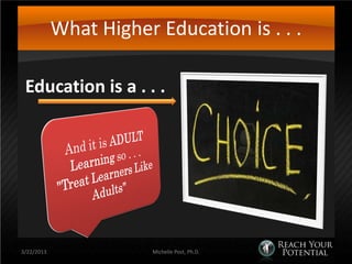 What Higher Education is . . .

 Education is a . . .




3/22/2013               Michelle Post, Ph.D.
 