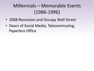 Millennials – Memorable Events 
(1986-1996) 
• 2008 Recession and Occupy Wall Street 
• Dawn of Social Media, Telecommuting, 
Paperless Office 
 