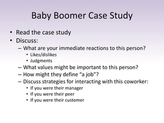 Baby Boomer Case Study 
• Read the case study 
• Discuss: 
– What are your immediate reactions to this person? 
• Likes/dislikes 
• Judgments 
– What values might be important to this person? 
– How might they define “a job”? 
– Discuss strategies for interacting with this coworker: 
• If you were their manager 
• If you were their peer 
• If you were their customer 
 