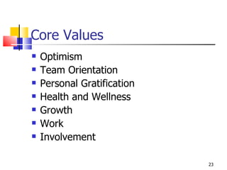 Core Values Optimism Team Orientation Personal Gratification Health and Wellness Growth  Work Involvement 